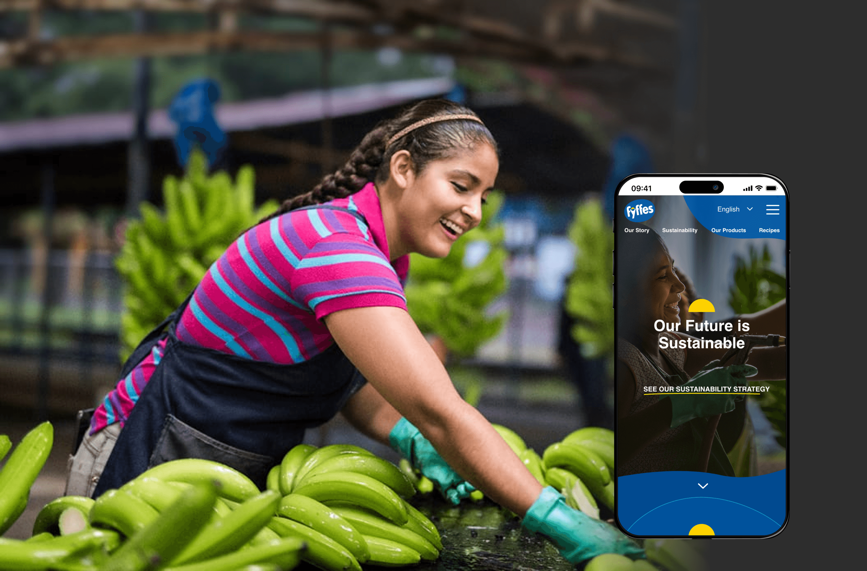 Lady washing bananas with a mobile phone overlaid showing the Fyffes UI